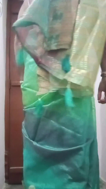 Indian Gay Crossdresser Bottom Gaurisissy pressing and playing with her big boobs in blue saree real homemade sex | Clip 2
