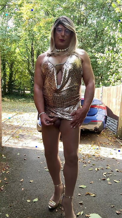 Sexy Crossdresser kellycd2022 in gold leopard print dress tan pantyhose and heels s