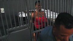 Black girl puts shaving cream on her pussy in the jail cell