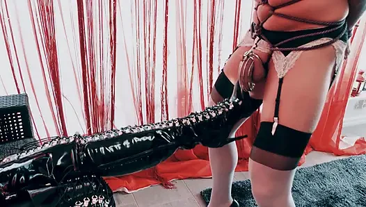 Cruel BBW Goddess Destroys Stepson CBT Boots, Deep Gagging, Anal Stretching, Sissification and Piss Drinking!