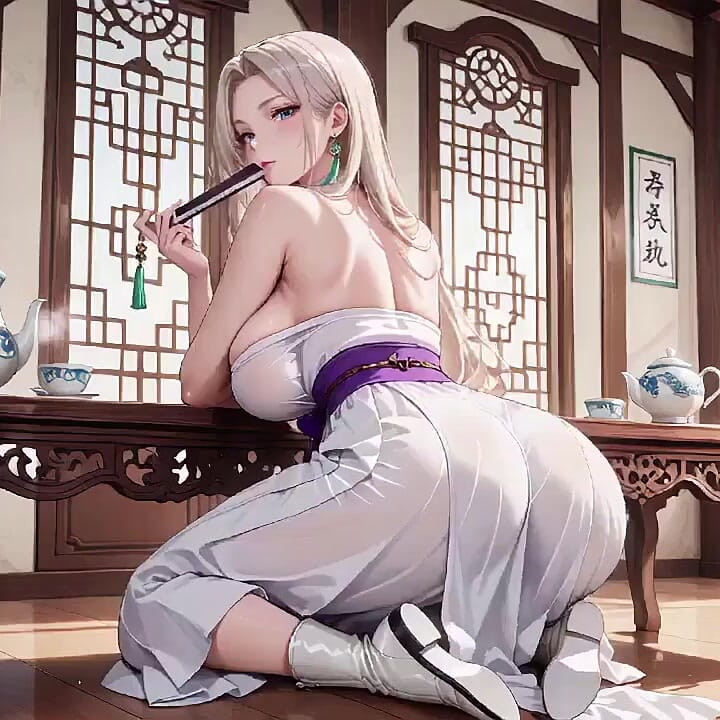 White Kimono Maid! Kneeling in the Japanese Corridor, Huge Slit Revealing Wet Thighs Under the Sun.