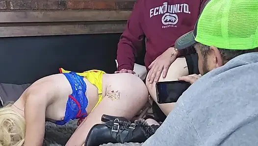 Girl on girl with them boys watching
