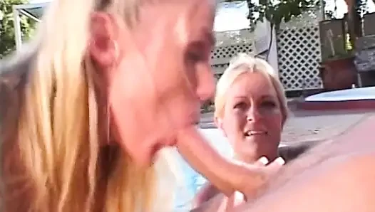 Gorgeous blondes eaten out and fucked by the poolside
