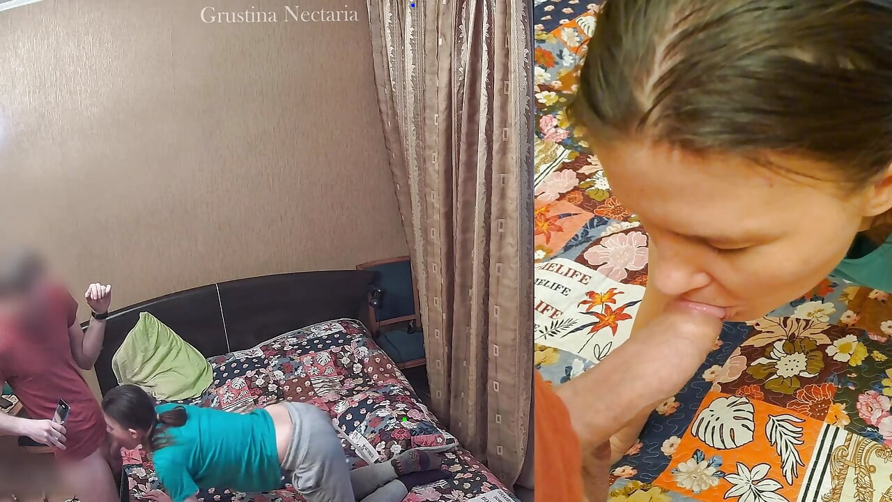 Real Russian couple's spontaneous bedroom blowjob, filmed on two cameras