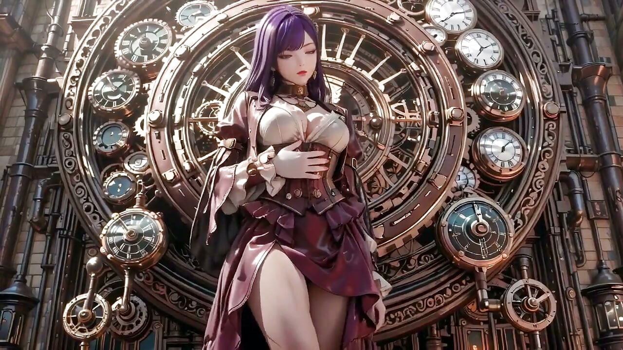 Steam-punk Stunner in White! Kneeling Under Giant Gears