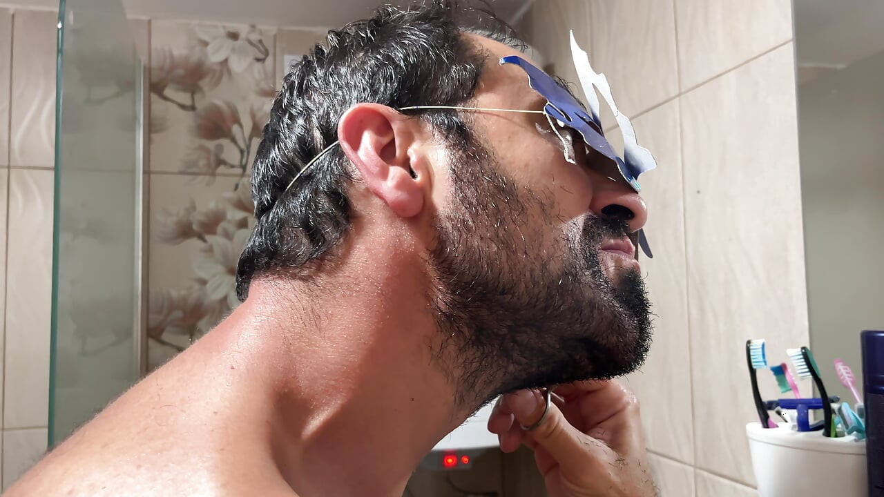 Grooming Routine Earl Smile Trimming Beard With Scissors In Bathroom