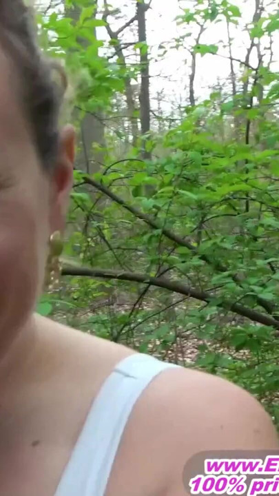 Chubby German milf having an outdoor blowjob in the woods with a stranger man | Clip 2