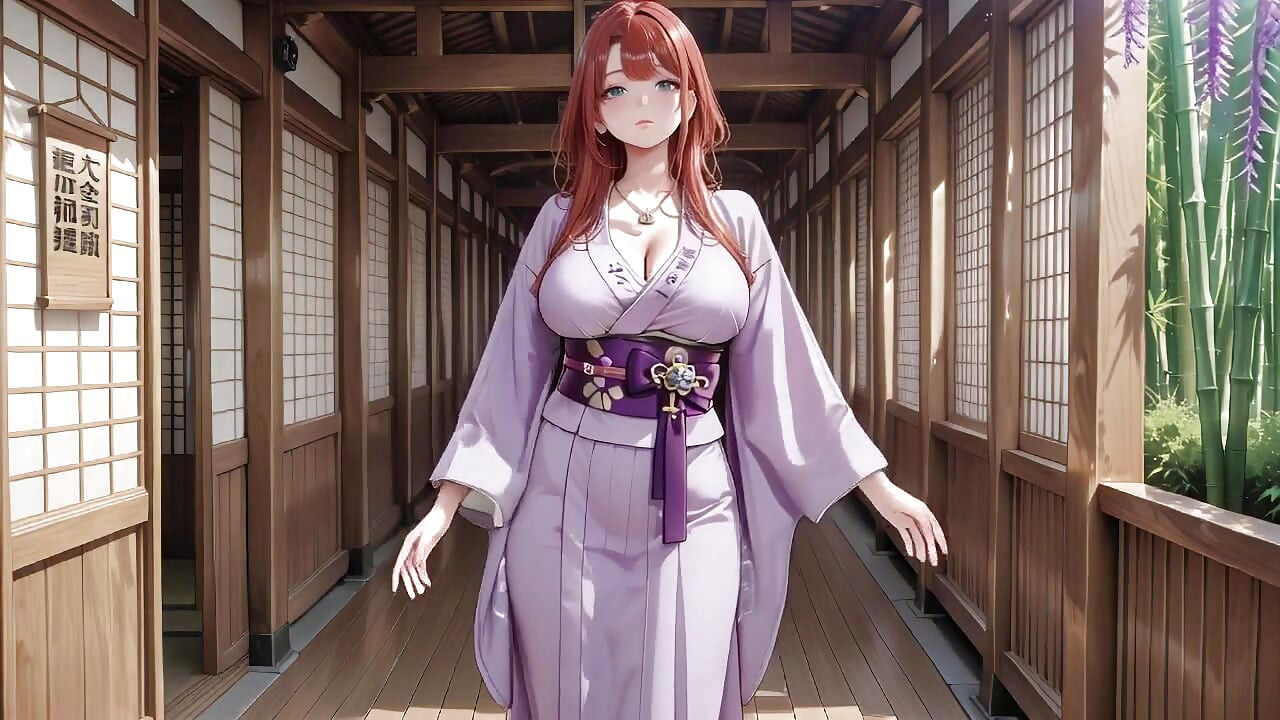 Diosa Kimono pelirroja! Arrodillada bajo la puerta sagrada del Torii, ajusta su atuendo empapado con una mirada tímida.