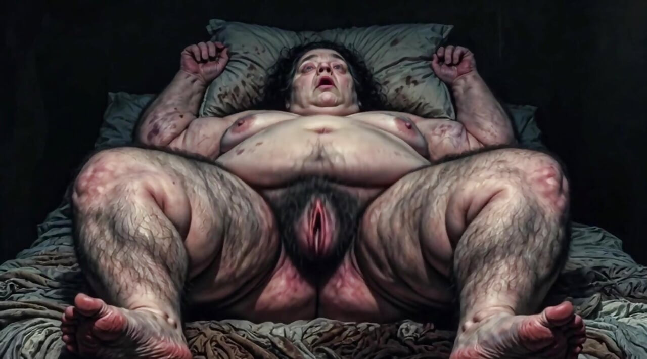 SSBBW very fat woman having an orgasm with her hairy, wet pussy.