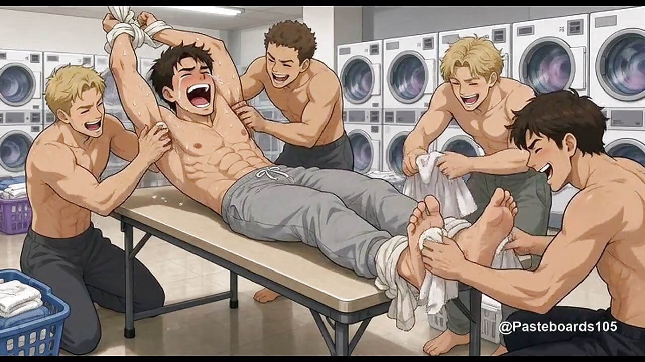 Tied Across The Laundromat Folding Table - College Jock, Roommates With Bare Fingers In His Armpits