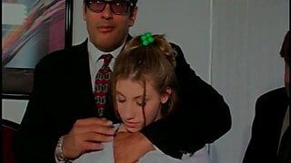 Blonde chick sucks two studs in suits and gets fucked