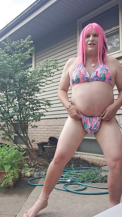 Feeling horny in my new bathing suit outside on the patio!