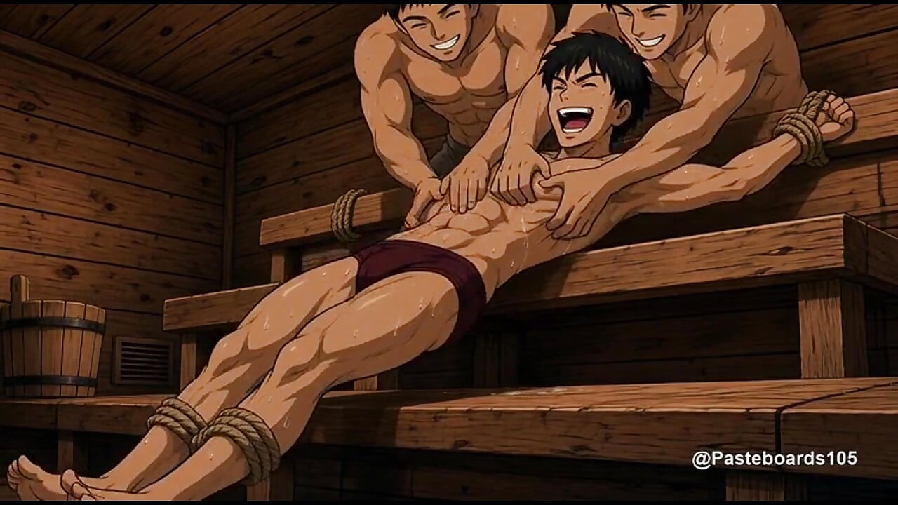 Sauna Bench Bound - Sweat-Slick Muscle Jock Tickled On Armpits And Abs (2D Anime Bara)
