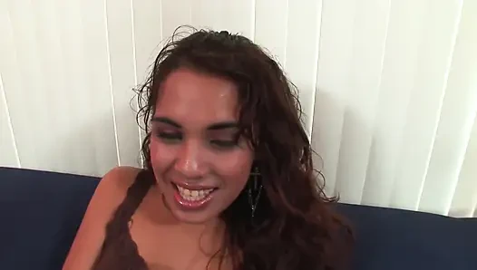 Busty Latina with hairy slit gets a long black cock and facial jizz