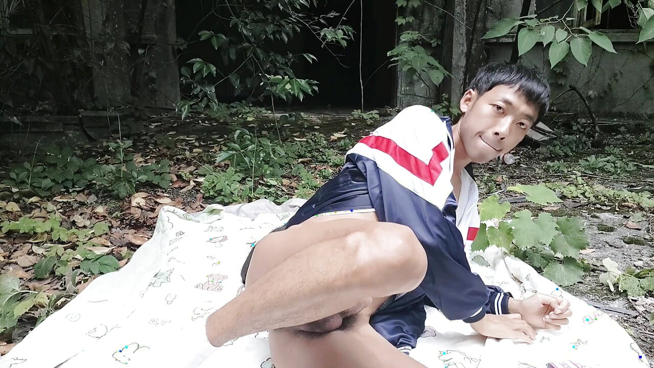 Asian boy spontaneously exposes himself naked in the wild, moans, masturbates, and ejaculates
