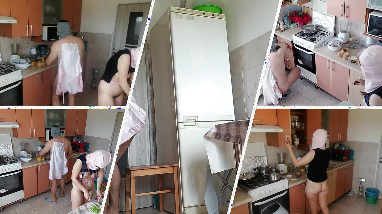Amateur couple having fun in the kitchen. A sexy hairy brunette does the housework naked.