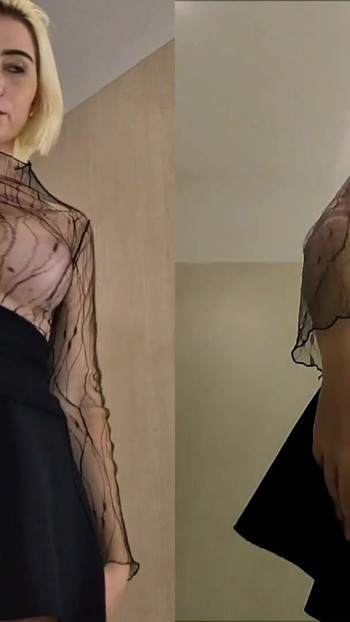 Velkolepý okamžik z "NO BRA Try on haul. Pohled na blondýnku s velkými prsy, žádné kalhotky"