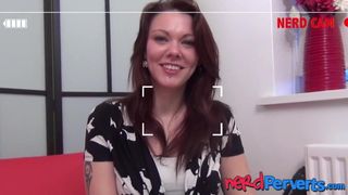 English redhead in hot pants pleasures nerd with fellatio