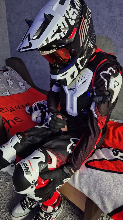 An Excited Guy in Motorcycle Gear Fucks His Sneakers