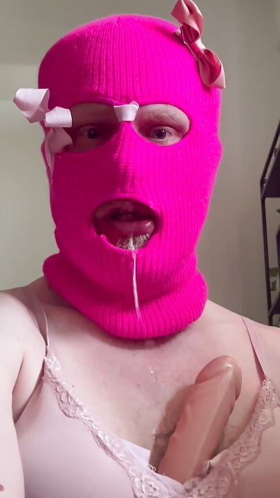 FIRST VIDEO - Crossdresser deepthroats double dildo she gags and drools a lot