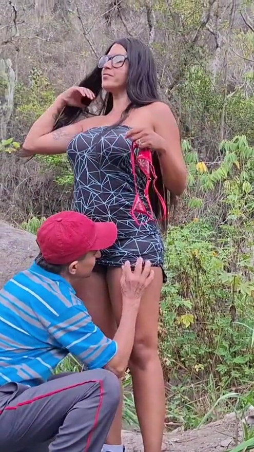Perverted old man fucks his busty stepdaughter in the jungle outdoors | Clip 2