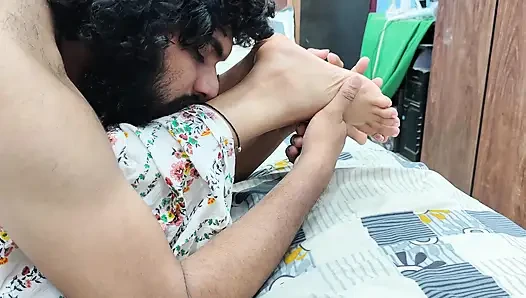 Feet lick romance in skirt