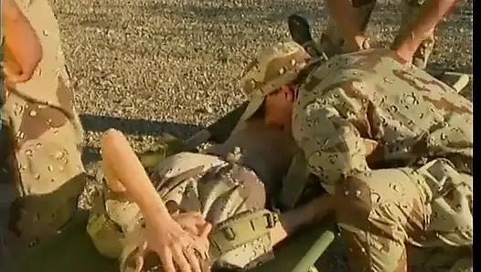 Blonde whore in military gear gets hardcore threesome with two soldier studs outdoors and indoors
