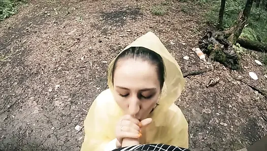 Black Lynn in Yellow Raincoat Sucking Cock in the Woods - Outdoor Blowjob and Cum in Mouth