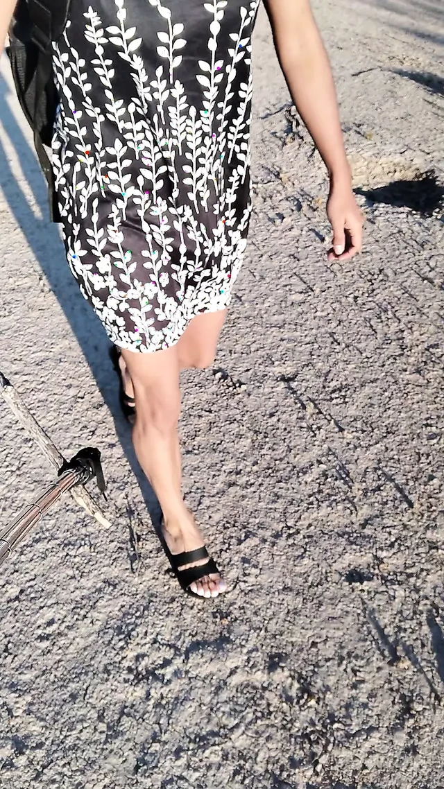 Cute very hot trans slut in dress and sandals goes for a walk to show off her beautiful legs and feet