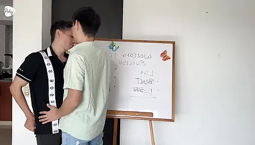 I'm late to class because I sucked dicks in the school bathroom, and to make it up to my teacher, I let him fuck my ass.