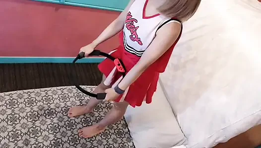 A cute, busty married woman performs exercise 4 in an erotic cheerleader costume. Peeking down from above. Home made amateur Private Shoot