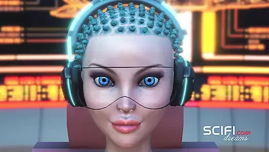 Sci-Fi lights. 3d hot female android shemale plays with a horny black gi...