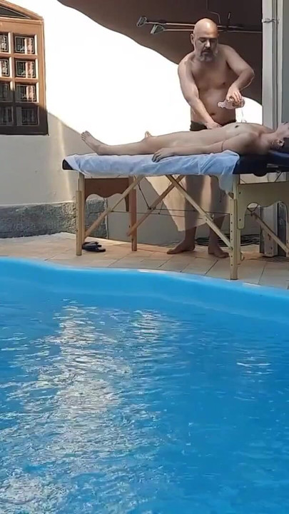 Must-see moment from "Massage in the pool. The therapist couldn't hold back and made her cum in his mouth."