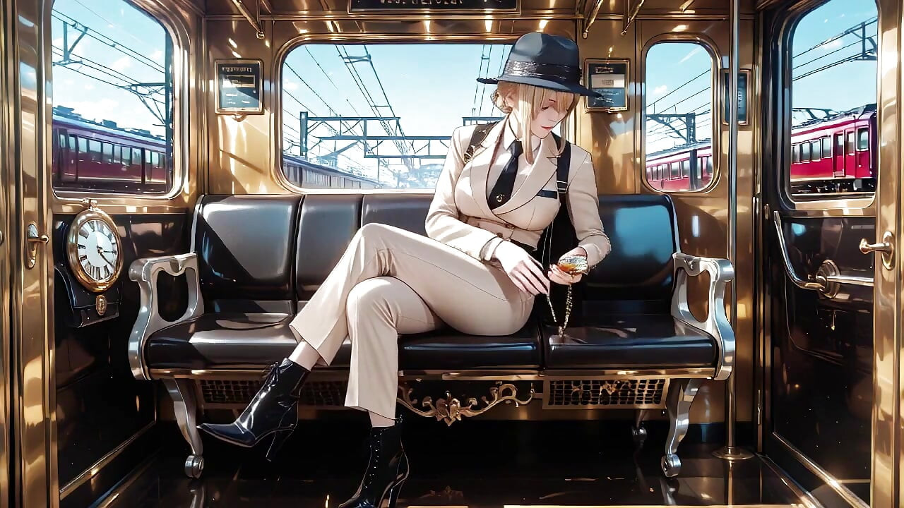 Leaning Against the Vintage Train Door, She Runs Her Hand Down Sheer Stockings While Gazing with a Cold yet Misty Look