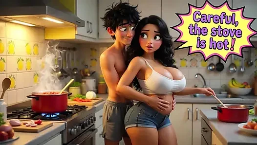 The beautiful stepmother summer tease in the house builds to passionate kitchen encounter (AI generated)