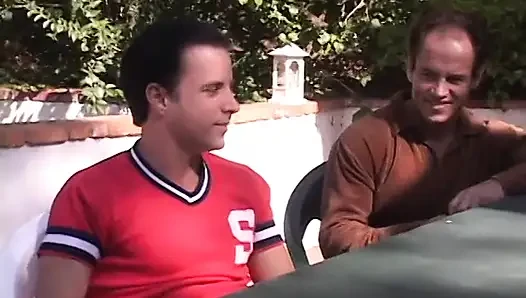 Horny black haired beauty sucks and fucks four men by the pool