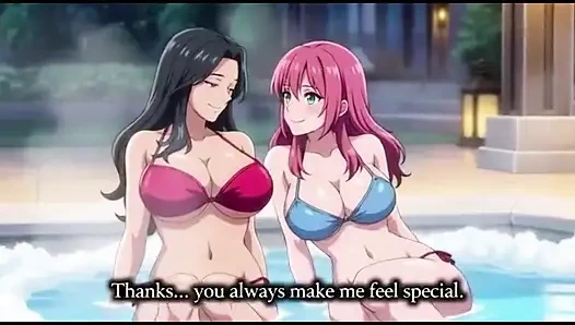 Stepmom and stepsister taking hot bath and pressing boobs