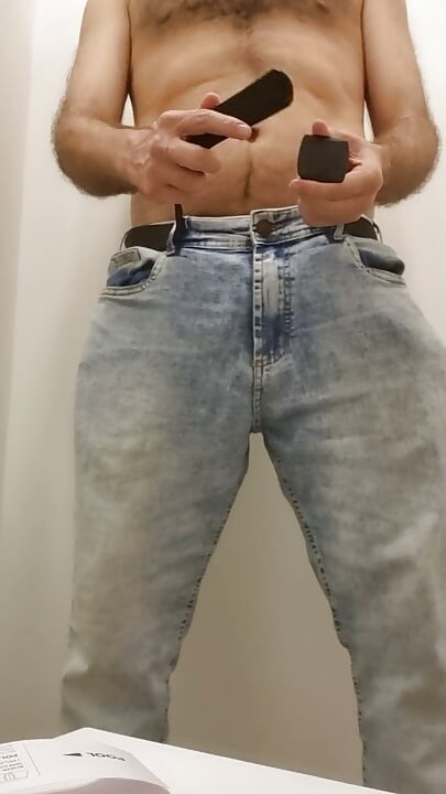 Hairy trying on clothes in the dressing room, natural bodies. Soft cock, hair and ...