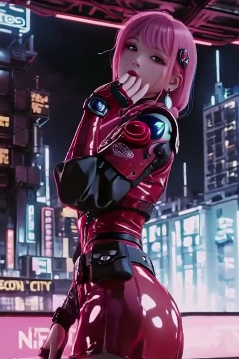 Mech Warrior aux cheveux roses ! Agenouillement dans Neon Streets, Rose Rouge et Cold Armor Contraste.