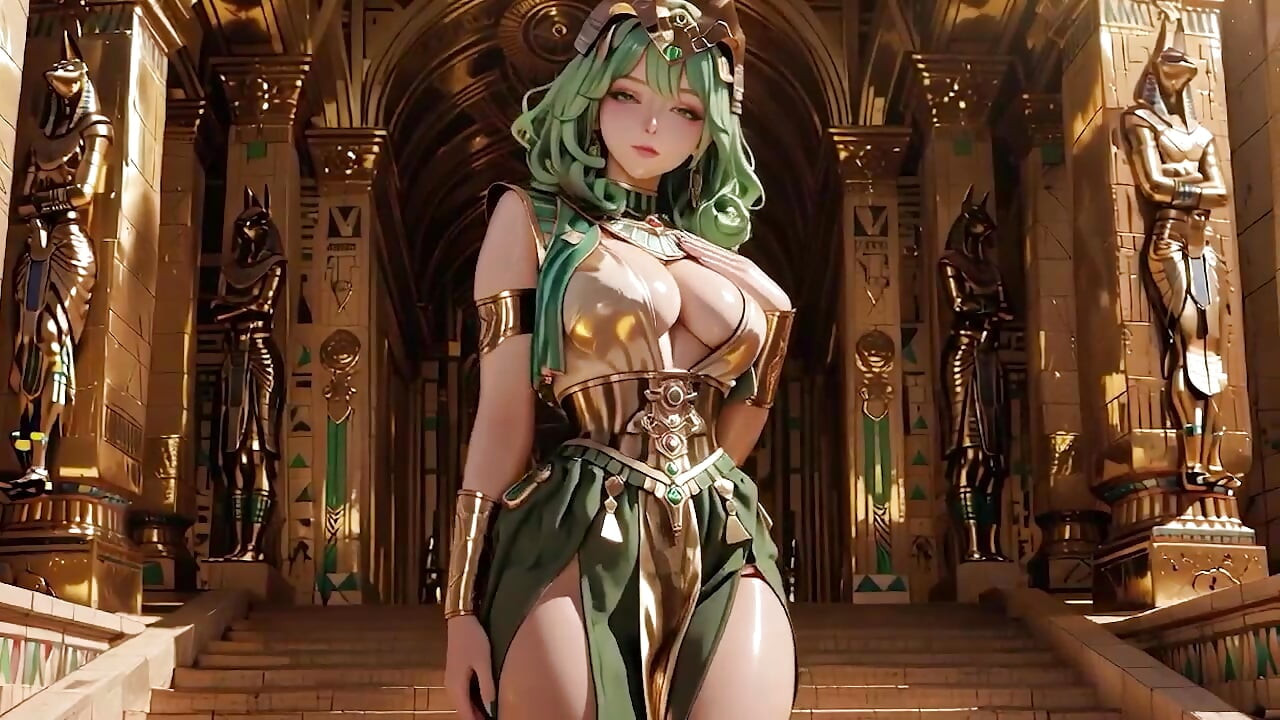 Green-Haired Egyptian Queen! Kneeling in the Golden Hall, guarded by Sphinxes.