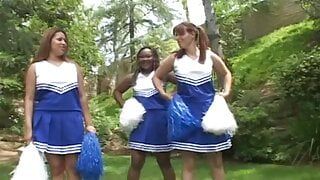 Plump brunette cheerleader rides thick cock outside