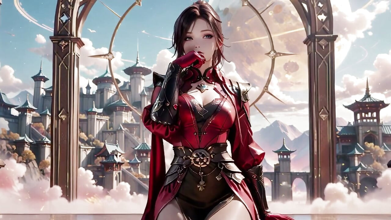 Red Armor Queen in the Floating City! Epic fantasy tease, tight red bodysuit.