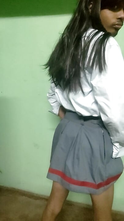 cute indian femboy in school dress strip tease