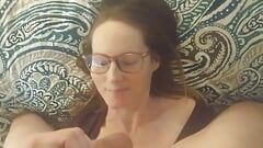 Hottie in Glasses Licks Balls and Gets Cum on Her Face POV