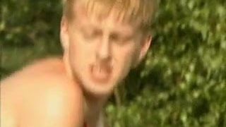 Blond fucked by two guys in woods