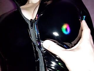 Girl in tight vinyl catsuit loves dick and cum
