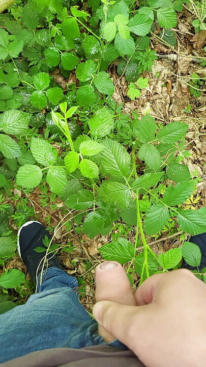 Man peeing outside in the forest