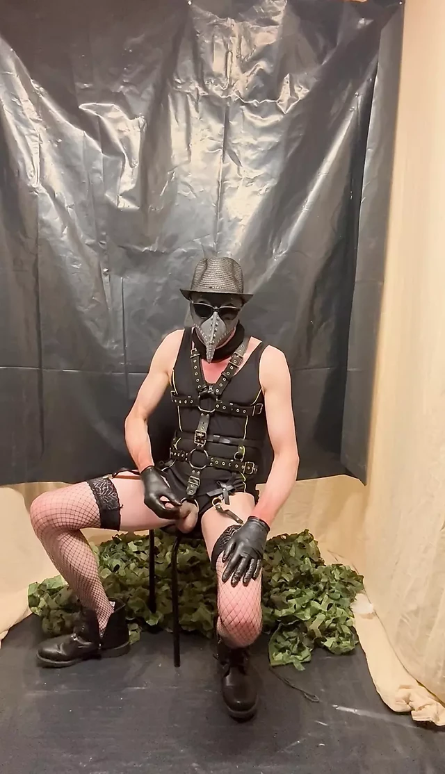 Goth Masturbation With Black Body Harness And Stockings