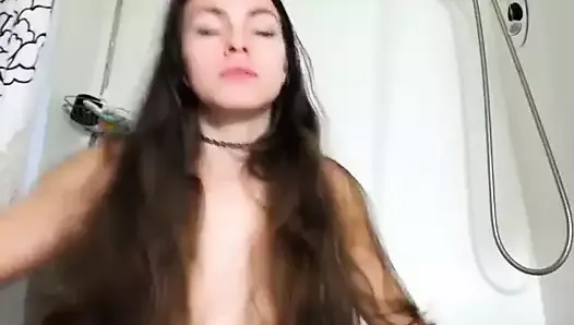 Long hair , Hair , Shower , Striptease , Small tits