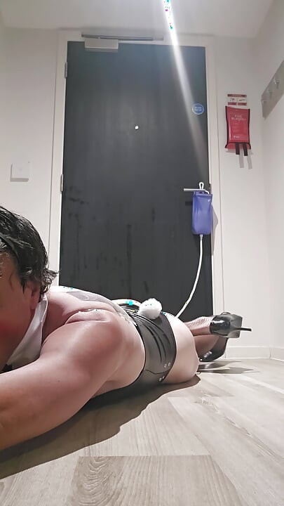 SissyBunny takes big milk enema, then plugged with huge dildo and self hogtie